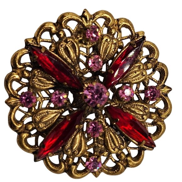 Vintage Austrian Filigree Brooch with Pink & Red Rhinestones, Signed Made in Aus - Picture 3 of 13